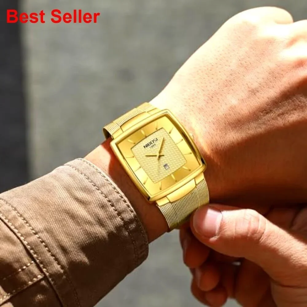 Square Analog Quartz Stainless Steel Watch Mesh Strap Waterproof Business